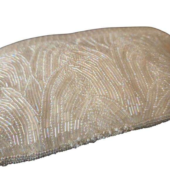 Vintage‎ La Regal White Iridescent Glass Beaded Evening Clutch Zip Top Closure - Picture 4 of 10